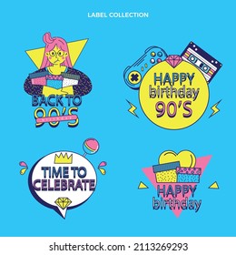 90s years badge elements. Back to 90. Patch, sticker design collection. Trendy cartoon pop bundle 90s years. 90s fashion icon set. Oldschool disco sketchy print. 90s symbol tattoo. Vector illustration