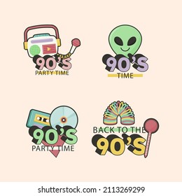 90s years badge elements. Back to 90. Patch, sticker design collection. Trendy cartoon pop bundle 90s years. 90s fashion icon set. Oldschool disco sketchy print. 90s symbol tattoo. Vector illustration