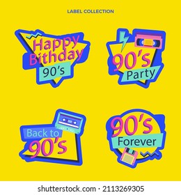 90s years badge elements. Back to 90. Patch, sticker design collection. Trendy cartoon pop bundle 90s years. 90s fashion icon set. Oldschool disco sketchy print. 90s symbol tattoo. Vector illustration