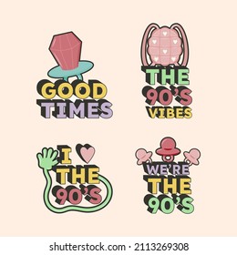 90s years badge elements. Back to 90. Patch, sticker design collection. Trendy cartoon pop bundle 90s years. 90s fashion icon set. Oldschool disco sketchy print. 90s symbol tattoo. Vector illustration