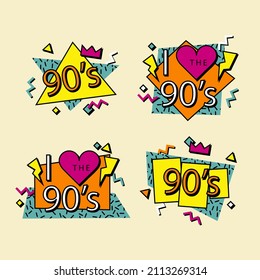 90s years badge elements. Back to 90. Patch, sticker design collection. Trendy cartoon pop bundle 90s years. 90s fashion icon set. Oldschool disco sketchy print. 90s symbol tattoo. Vector illustration