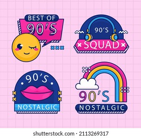 90s years badge elements. Back to 90. Patch, sticker design collection. Trendy cartoon pop bundle 90s years. 90s fashion icon set. Oldschool disco sketchy print. 90s symbol tattoo. Vector illustration