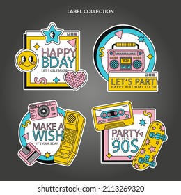 90s years badge elements. Back to 90. Patch, sticker design collection. Trendy cartoon pop bundle 90s years. 90s fashion icon set. Oldschool disco sketchy print. 90s symbol tattoo. Vector illustration