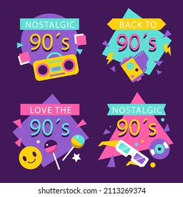 90s years badge elements. Back to 90. Patch, sticker design collection. Trendy cartoon pop bundle 90s years. 90s fashion icon set. Oldschool disco sketchy print. 90s symbol tattoo. Vector illustration