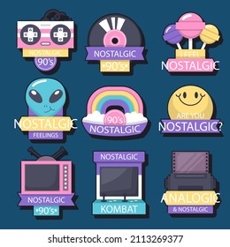 90s years badge elements. Back to 90. Patch, sticker design collection. Trendy cartoon pop bundle 90s years. 90s fashion icon set. Oldschool disco sketchy print. 90s symbol tattoo. Vector illustration