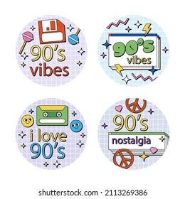 90s years badge elements. Back to 90. Patch, sticker design collection. Trendy cartoon pop bundle 90s years. 90s fashion icon set. Oldschool disco sketchy print. 90s symbol tattoo. Vector illustration