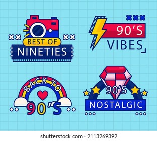 90s years badge elements. Back to 90. Patch, sticker design collection. Trendy cartoon pop bundle 90s years. 90s fashion icon set. Oldschool disco sketchy print. 90s symbol tattoo. Vector illustration