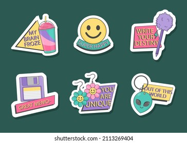 90s years badge elements. Back to 90. Patch, sticker design collection. Trendy cartoon pop bundle 90s years. 90s fashion icon set. Oldschool disco sketchy print. 90s symbol tattoo. Vector illustration