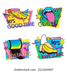 90s years badge elements. Back to 90. Patch, sticker design collection. Trendy cartoon pop bundle 90s years. 90s fashion icon set. Oldschool disco sketchy print. 90s symbol tattoo. Vector illustration