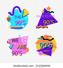 90s years badge elements. Back to 90. Patch, sticker design collection. Trendy cartoon pop bundle 90s years. 90s fashion icon set. Oldschool disco sketchy print. 90s symbol tattoo. Vector illustration