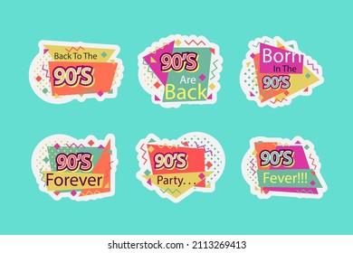 90s years badge elements. Back to 90. Patch, sticker design collection. Trendy cartoon pop bundle 90s years. 90s fashion icon set. Oldschool disco sketchy print. 90s symbol tattoo. Vector illustration