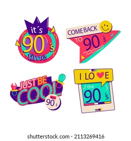 90s years badge elements. Back to 90. Patch, sticker design collection. Trendy cartoon pop bundle 90s years. 90s fashion icon set. Oldschool disco sketchy print. 90s symbol tattoo. Vector illustration