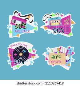 90s years badge elements. Back to 90. Patch, sticker design collection. Trendy cartoon pop bundle 90s years. 90s fashion icon set. Oldschool disco sketchy print. 90s symbol tattoo. Vector illustration