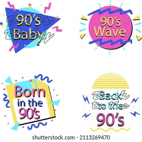 90s years badge elements. Back to 90. Patch, sticker design collection. Trendy cartoon pop bundle 90s years. 90s fashion icon set. Oldschool disco sketchy print. 90s symbol tattoo. Vector illustration