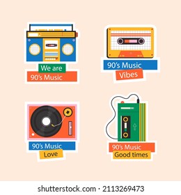 90s years badge elements. Back to 90. Patch, sticker design collection. Trendy cartoon pop bundle 90s years. 90s fashion icon set. Oldschool disco sketchy print. 90s symbol tattoo. Vector illustration