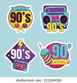 90s years badge elements. Back to 90. Patch, sticker design collection. Trendy cartoon pop bundle 90s years. 90s fashion icon set. Oldschool disco sketchy print. 90s symbol tattoo. Vector illustration