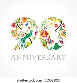 90s years old luxurious celebrating folk logo. Template colored 90 th happy anniversary greetings, ethnics flowers, plants, paradise birds. Set of traditional vintage colorful congratulations of love.