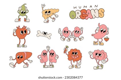 Caricatura retro de los años 90-00 montada de adorables personajes de órganos. Felices órganos humanos sanos, riñones divertidos, pulmones y cerebro, estómago con caras, brazos y piernas. Ilustración vectorial de colección de anatomía.