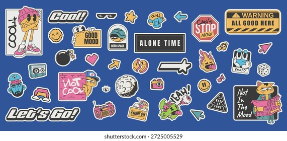 adesivos de vetor inspirados nos anos 90 com objetos divertidos, desenhos animados retrô e estilo de arte de pixel, ilustração vetorial