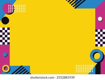  90s-themed yellow background highlighted by multicolored geometric shapes