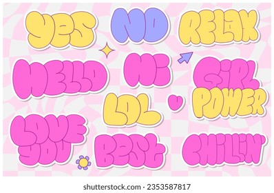 90s-Y2K Trendy Girly quotes set. Funny bold cartoon lettering. Comic vector element for sticker, graphic tee print, bullet journal cover, card in style of 1990s, 1980s, 2000s