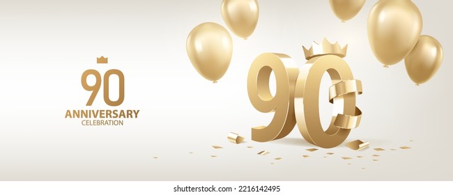 90th Anniversary celebration background. 3D Golden numbers with a crown, confetti and balloons.
