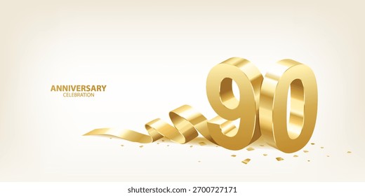 Fondo de la celebración del 90 aniversario. Números dorados 3D con cinta y confeti.