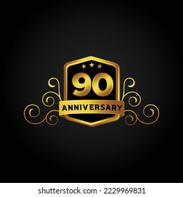 90th anniversary celebration background. Vector illustration, Beautiful greeting banner poster and golden logo with gold text word and gold number.