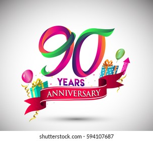 90th Anniversary Celebration Design, with gift box and balloons, Red ribbon, Colorful Vector template elements for your, ninety years birthday celebration party.