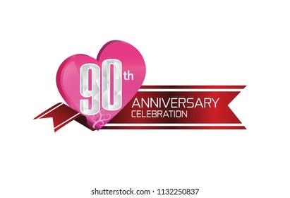90th anniversary celebration with elegance pink heart shape and red ribbon isolated on white background for special celebration event