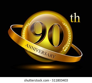 90th anniversary celebration with gold ring and laurel on black isolated background