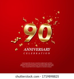 90th Anniversary celebration. Golden number 90 with sparkling confetti, stars, glitters and streamer ribbons on red background. Vector festive illustration. Birthday or wedding party event decoration