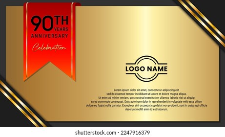 90th Anniversary Celebration. Golden Anniversary template design with red ribbon for birthday celebration event. Vector Template Illustration