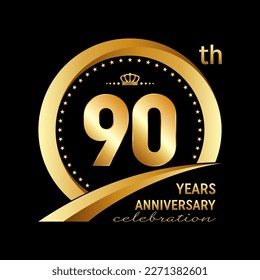 90th Anniversary Celebration Logo design with golden ring and crown for anniversary celebration event, invitation, wedding, greeting card, banner, poster, flyer, brochure. Logo Vector Template