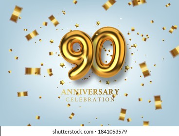 90th Anniversary celebration. Number in the form of golden balloons. Realistic 3d gold numbers and sparkling confetti, serpentine. Horizontal template for Birthday or wedding. Vector illustration