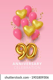 90th Anniversary celebration Number in the form heart of golden and pink balloons. Realistic 3d gold numbers and sparkling confetti, serpentine. Vector illustration.