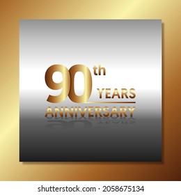 90th anniversary, anniversary celebration vector design with gold color on silver and gold background with square shape.