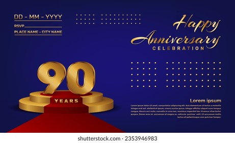Plantilla vectorial de celebración de 90 años con estilo de números 3D y etapa dorada, plantilla Vector