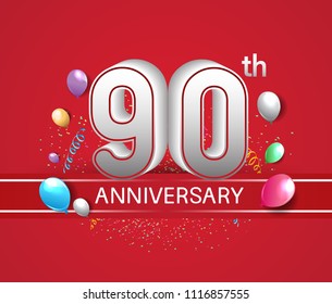 90th anniversary design red background with balloons and confetti for company celebration event 
