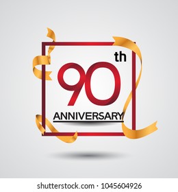 90th anniversary design with red color in square and golden ribbon isolated on white background for celebration