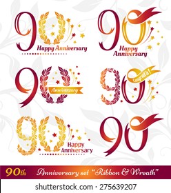 90th anniversary emblems set. Celebration icons with numbers ribbons, wreath and fireworks