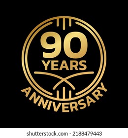 90th Anniversary golden logo or icon. 90 years round stamp design. Birthday celebrating, jubilee circle badge or label template. Vector illustration.