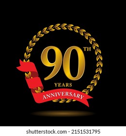90th Anniversary logo. Anniversary celebration template design with golden ribbon for booklet, leaflet, magazine, brochure poster, banner, web, invitation or greeting card. Vector illustrations.