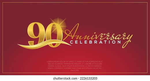  90th anniversary logo with confetti golden colored text isolated on red background, vector design for greeting card and invitation card