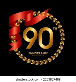 90th Anniversary. Anniversary logo design with Laurel wreath and red ribbon for celebration event, wedding, invitation, greeting card. Logo Vector Illustration