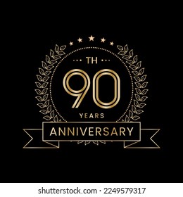 90th Anniversary logo design with laurel wreath for celebration event, invitation, banner, poster, flyer, greeting card. Line Art Design, Logo Vector Illustration