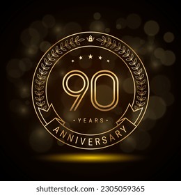90th anniversary logo with golden laurel wreath and double line numbers, template design for anniversary celebration event, double line style vector design