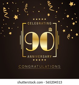 90th anniversary logo with golden rectangle vector template for birthday celebration.