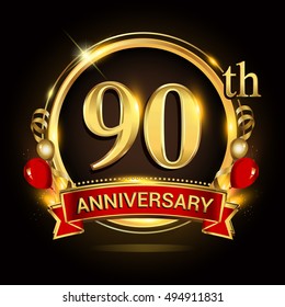 90th anniversary logo with golden ring,balloons and red ribbon. Vector design template elements for your birthday celebration.