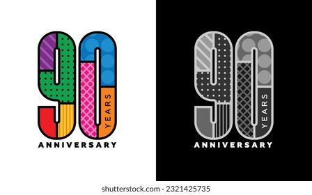 90th anniversary logo set, ninetieth anniversary sign, colorful logo for celebration event, invitation, congratulations, web template, flyer and booklet, retro symbol, color logo